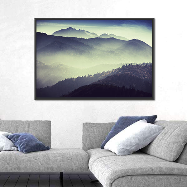 Misty Mountain Valley with Tower Silhouette Canvas Wall Art