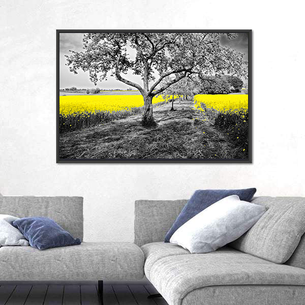 Yellow Canola Field with Large Tree and Path Canvas Wall Art