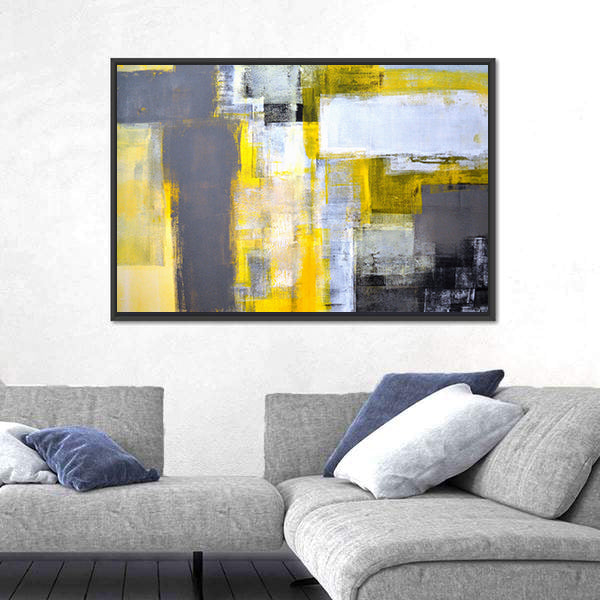 Layered Geometric Abstract with Yellow Bars Canvas Wall Art