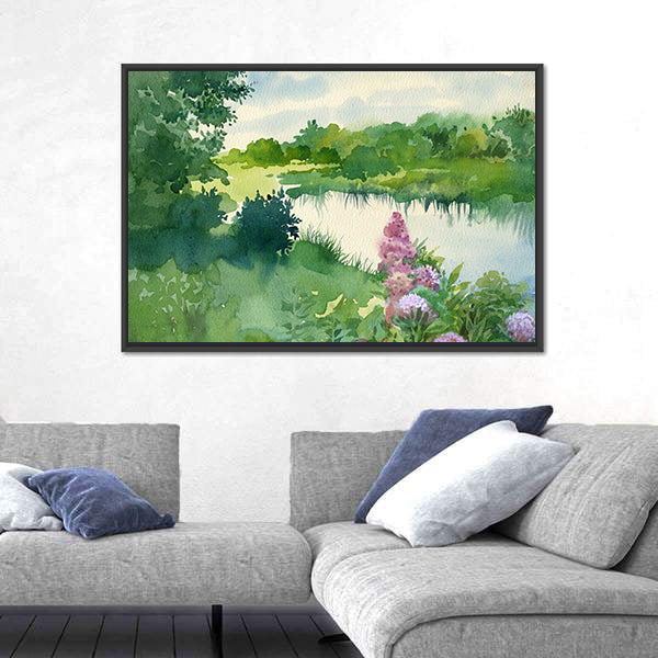 Watercolor River Landscape with Wildflowers Canvas Wall Art