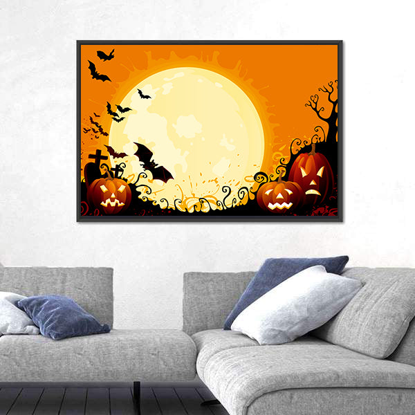 Jack-o'-lanterns Under Full Moon Canvas Wall Art