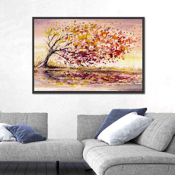 Wind-swept Autumn Tree by the Lake Canvas Wall Art