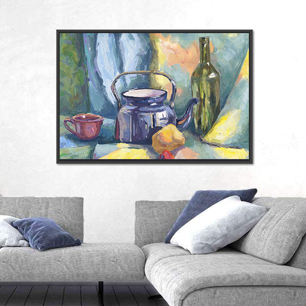 Dark Blue Kettle and Lemon Still Life Canvas Wall Art