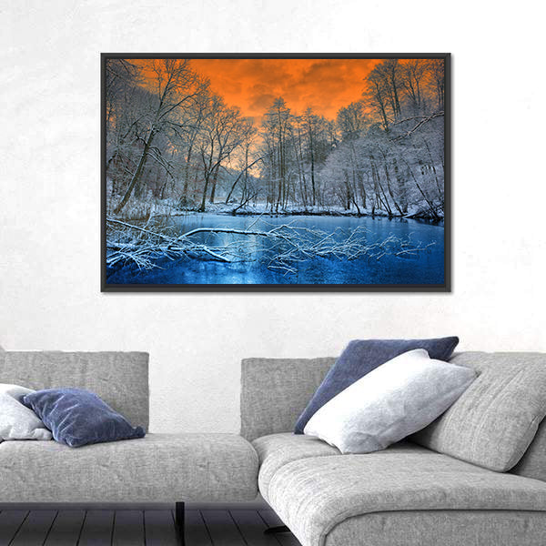 Orange Sunset Over White Winter Forest Canvas Wall Art