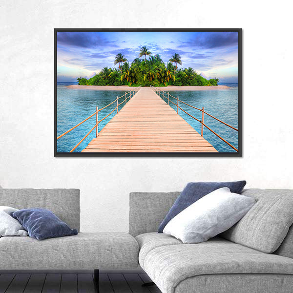 Wooden Pier to Tropical Maldives Island Canvas Wall Art