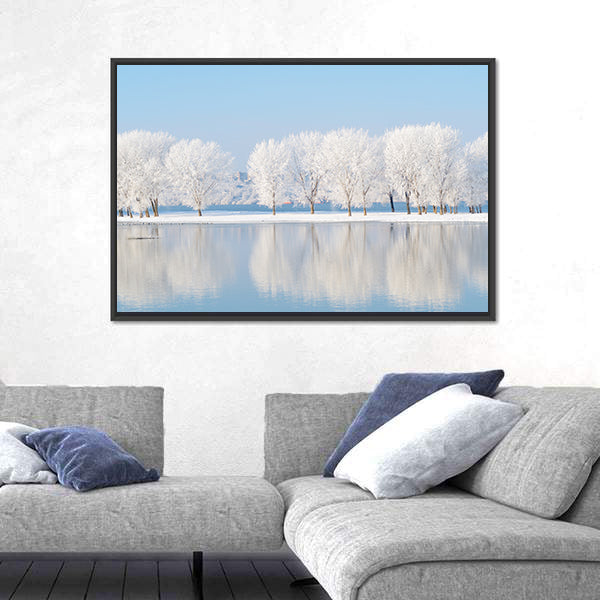 Winter Landscape Reflection In Lake Canvas Wall Art