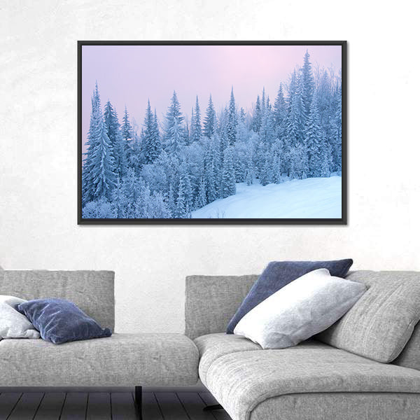 Winter Forest At The Sunset With Fog Canvas Wall Art