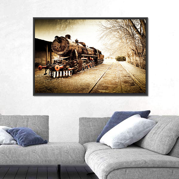 Antique Steam Locomotive in Sepia Canvas Wall Art
