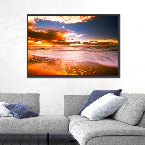 Sunset And Waves On The Beach Canvas Wall Art