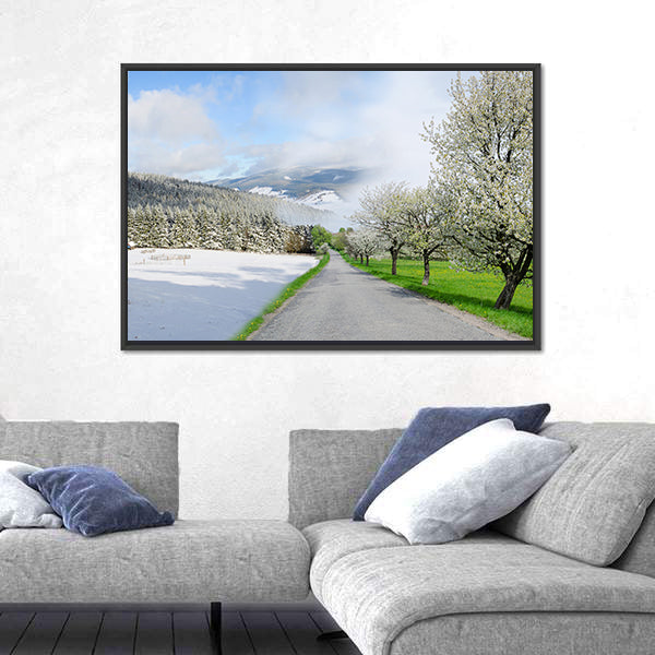Road Between Winter and Spring Canvas Wall Art