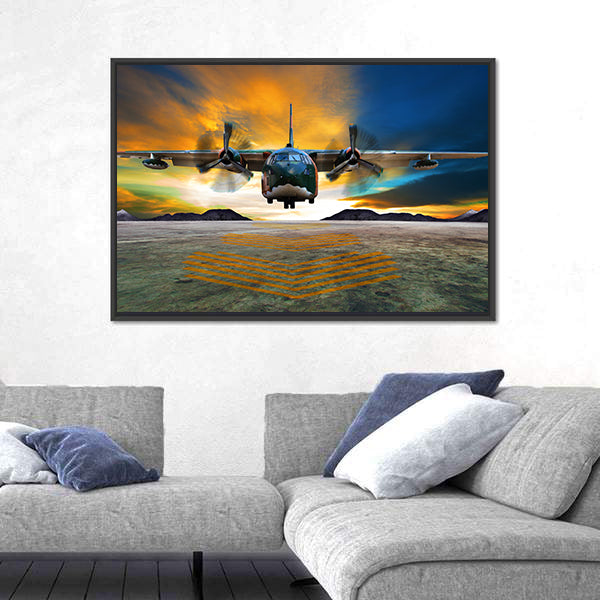 Twin-engine Military Transport at Golden Hour Canvas Wall Art