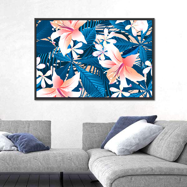 Tropical Lily and Plumeria Floral Pattern Canvas Wall Art