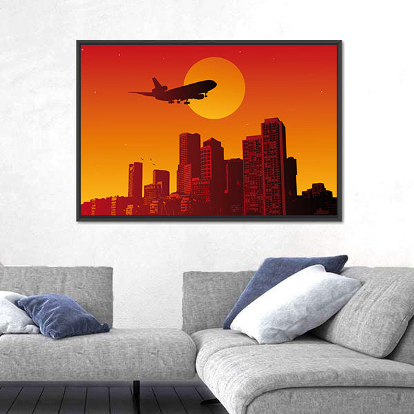Airplane with Landing Gear Over Sunset City Canvas Wall Art