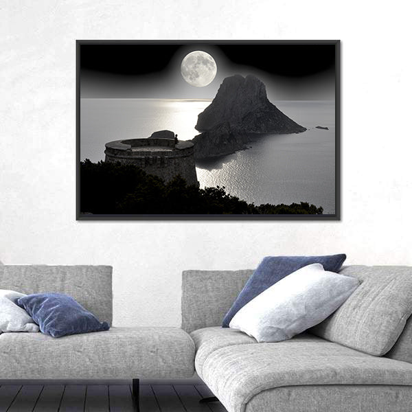 Moonlit Watchtower on Rocky Island Canvas Wall Art