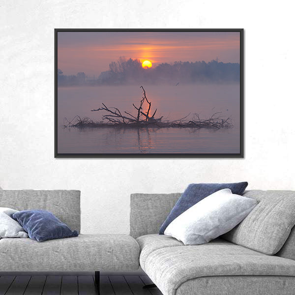 Misty Lake Sunrise Canvas Wall Art