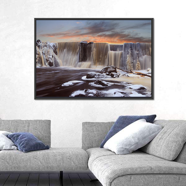 Winter Falls In Finnish Dam Canvas Wall Art