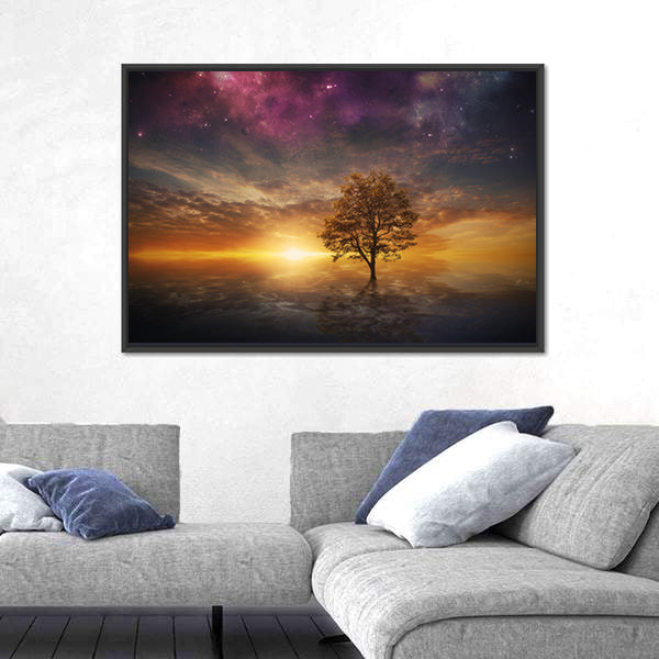 Surreal Tree Over Lake at Sunset Canvas Wall Art