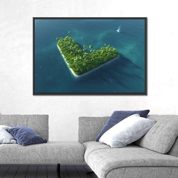 Heart-shaped Tropical Island with Sailboat Canvas Wall Art