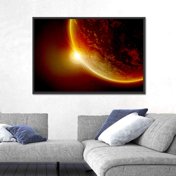 Red Planet Earth In Outer Space With Sun Canvas Wall Art