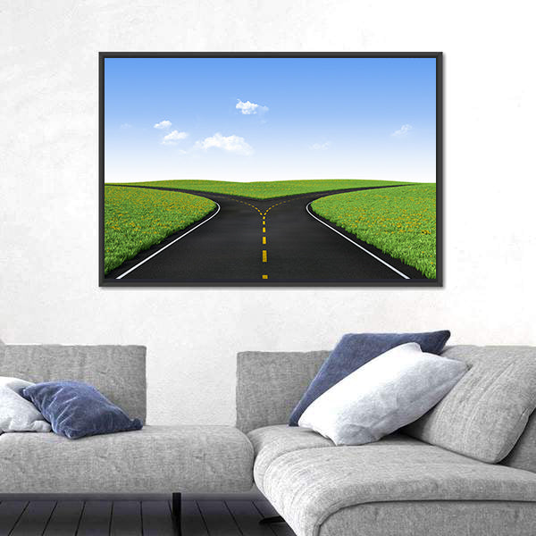 Forked Road in Sunlit Meadows Canvas Wall Art