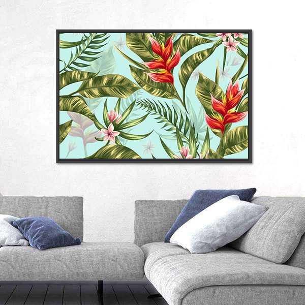 Tropical Heliconia and Plumeria Pattern Canvas Wall Art
