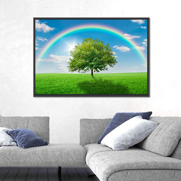 Old Oak Tree on Green Meadow Canvas Wall Art