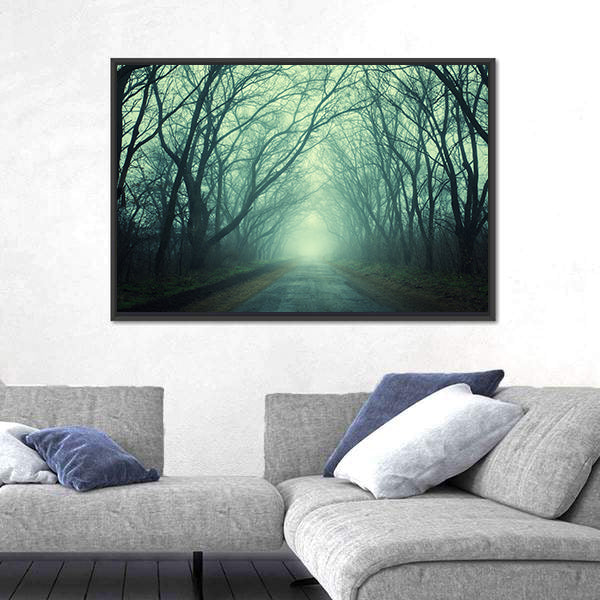 Mysterious Path In Dark Autumn Forest Canvas Wall Art