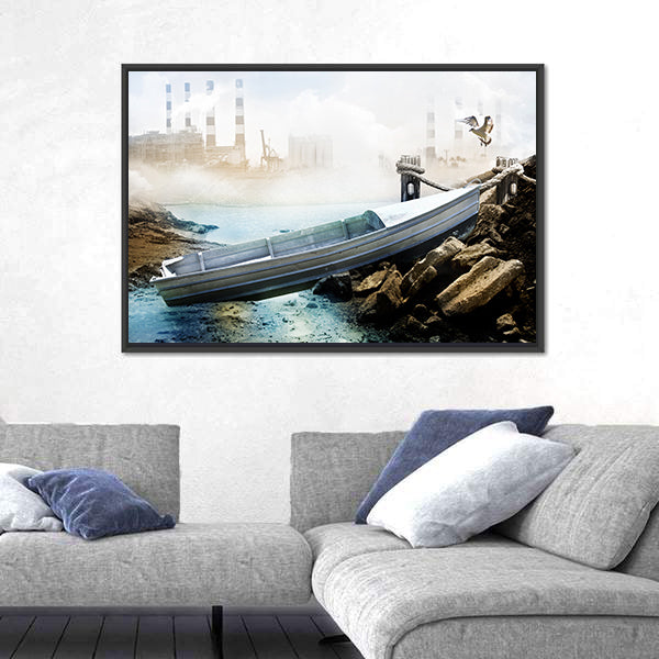 Weathered Boat at Industrial Shoreline Canvas Wall Art