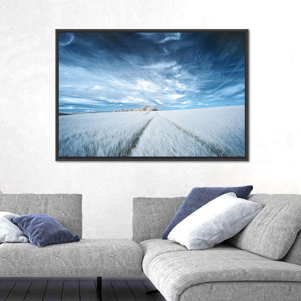 White Field with Parallel Tire Tracks Canvas Wall Art