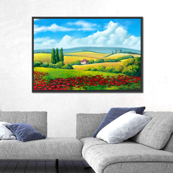 Tuscan Poppy Field with Cypress Trees Canvas Wall Art