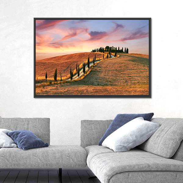 Hilltop Villa with Cypress Road at Sunset Canvas Wall Art