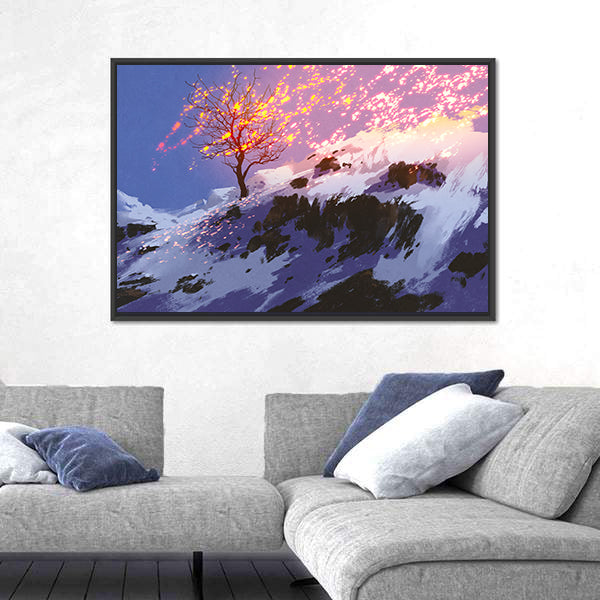 Lone Tree with Glowing Sparks at Twilight Canvas Wall Art