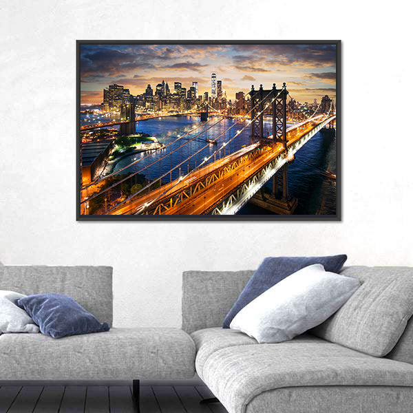 Manhattan Bridge and Skyline at Dusk Canvas Wall Art