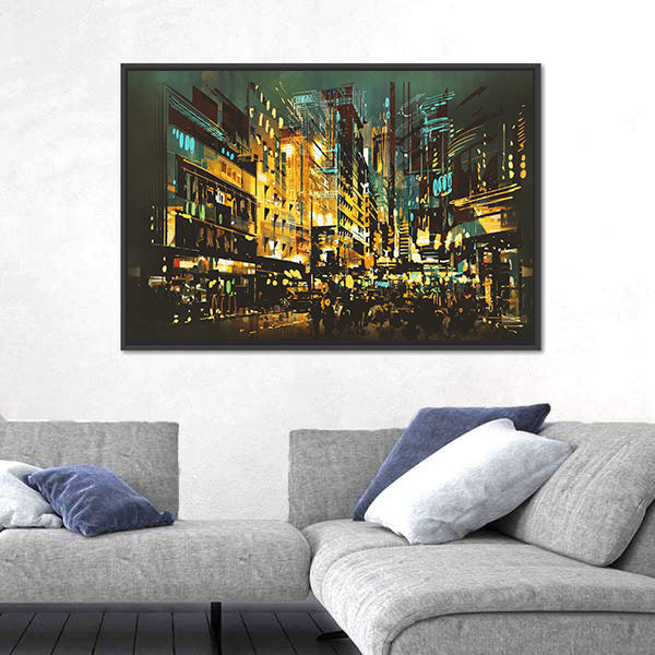 Abstract Night Cityscape with Golden Lights Canvas Wall Art
