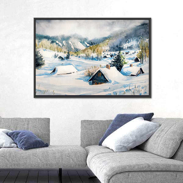 Snowy Mountain Village Canvas Wall Art