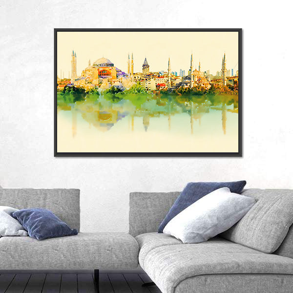 Istanbul Watercolor Skyline with Hagia Sophia Reflection Canvas Wall Art