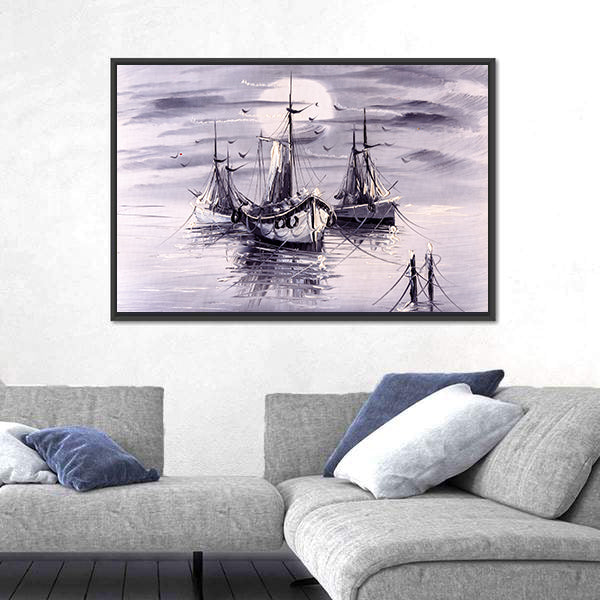 Moonlit Sailing Ships with Purple Reflections Canvas Wall Art