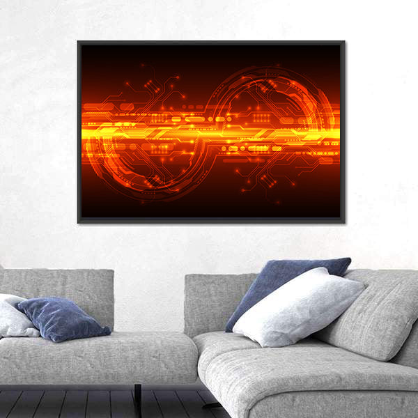 Orange Glowing Circuit Board Interface Canvas Wall Art