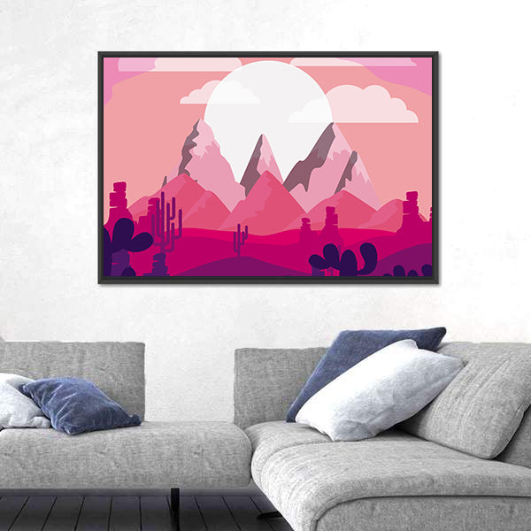 Desert Sunset Mountain Illustration Canvas Wall Art