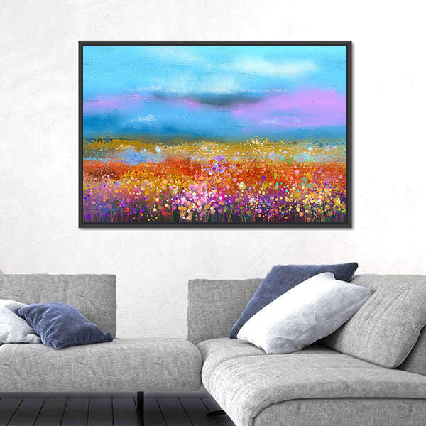 Watercolor Spring Meadow with Golden Horizon Canvas Wall Art