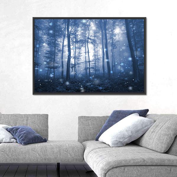 Blue Fog Forest with Glowing Orbs Canvas Wall Art