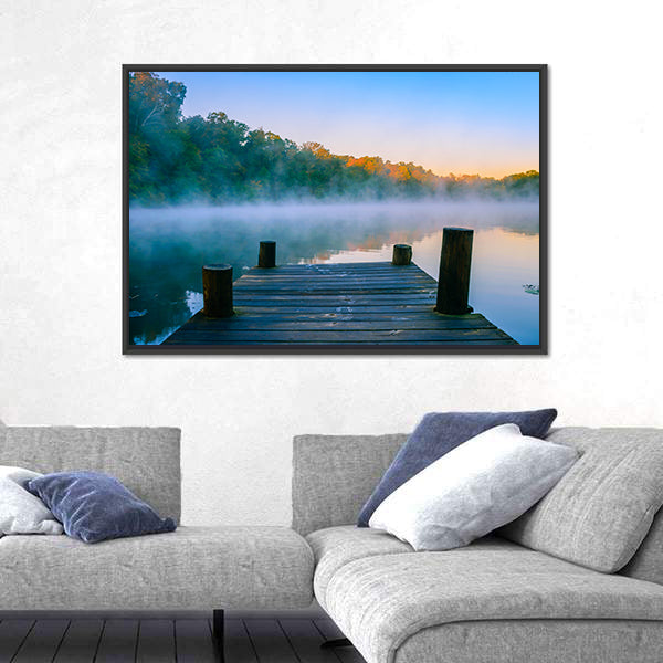 Wooden Dock at Misty Forest Lake Canvas Wall Art
