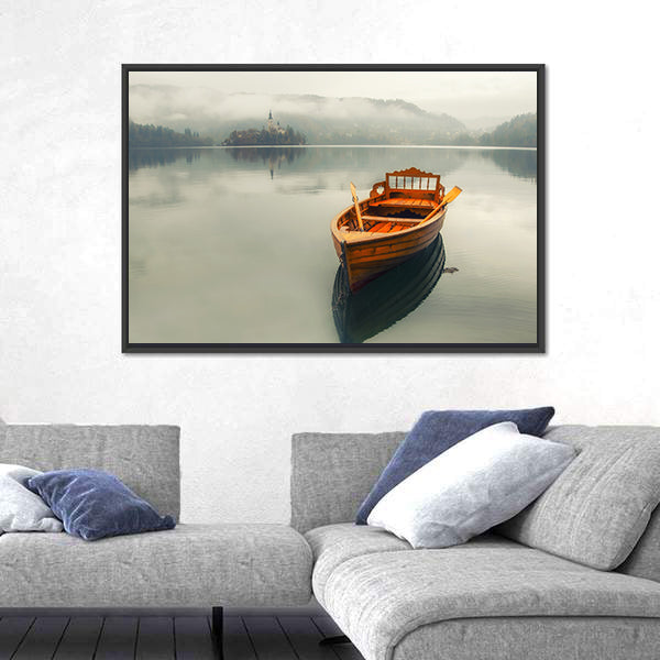 Rowboat on Foggy Lake with Island Church Canvas Wall Art