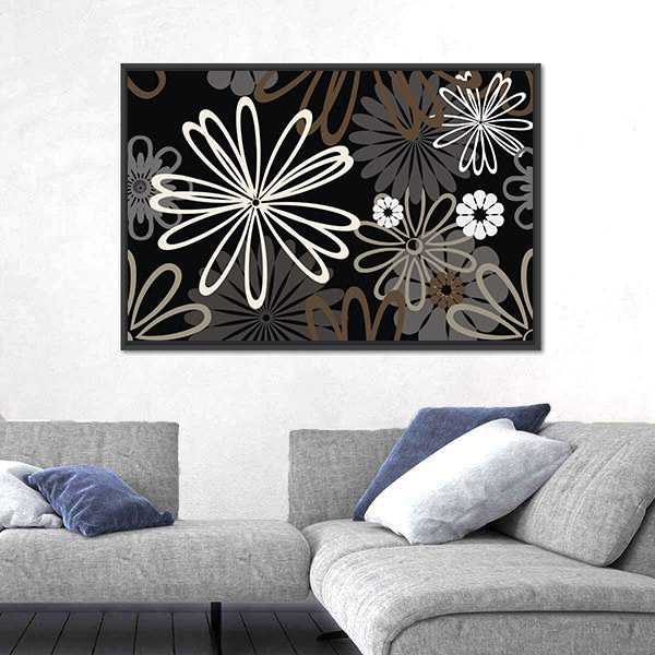 Retro Abstract Floral in Black and White Canvas Wall Art