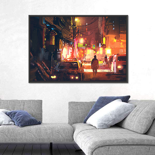 Rain-soaked Old Street in Futuristic City Canvas Wall Art