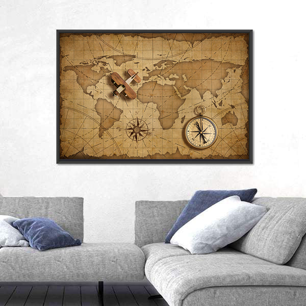 Small Wood Airplane Over World Nautical Map Canvas Wall Art