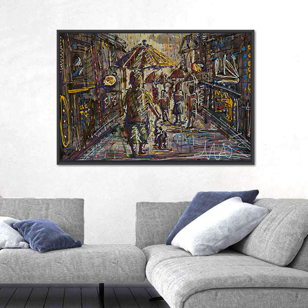 Rainy City Street with Umbrella Canvas Wall Art
