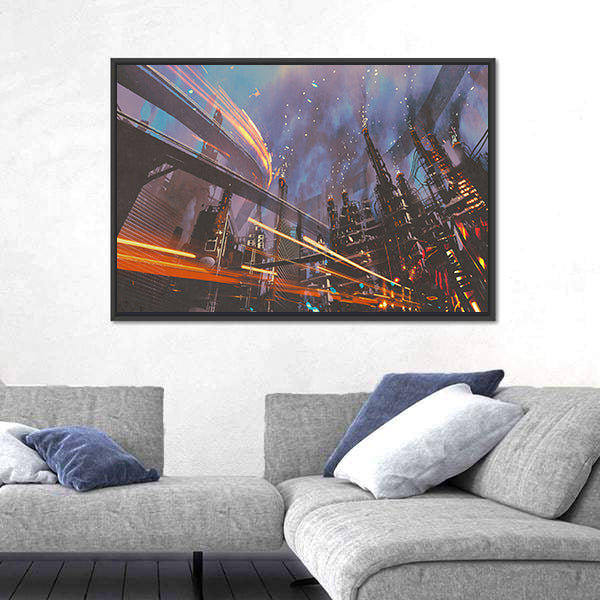 Futuristic Industrial Cityscape at Night Canvas Wall Art