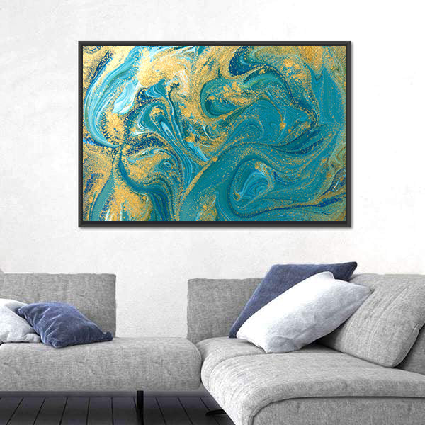 Teal Ink Marble with Gold Veins Canvas Wall Art