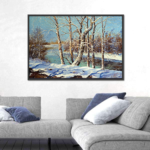 Winter River with Snowy Bank Canvas Wall Art